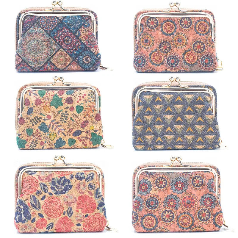 6 Cork card Wallets with Floral Print Patterns Purse (6 Units) HY-027-MIX-6