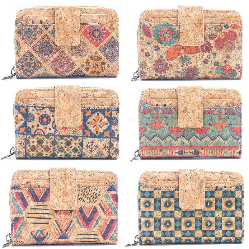 6 Natural Cork card holder Wallets with Floral Print Patterns BAGD-520(6 Units)