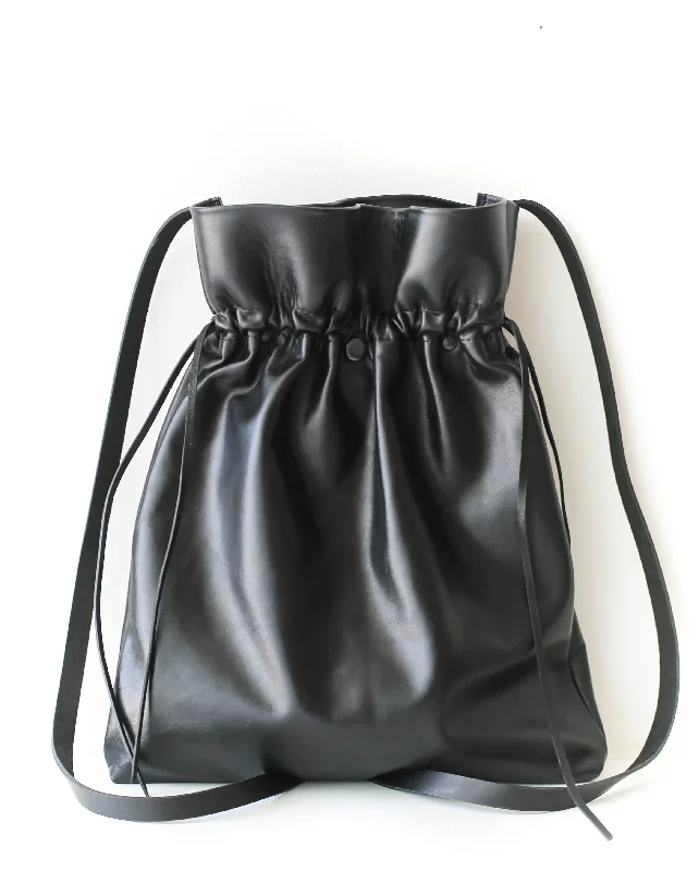 Black Leather Drawstring Bag