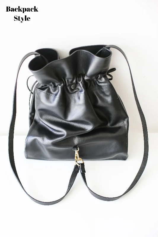 Black Leather Drawstring Bag