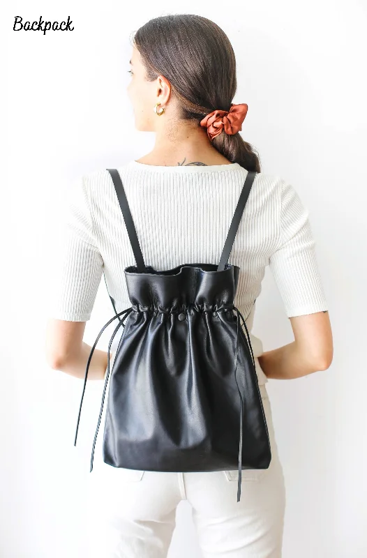 Black Leather Drawstring Bag