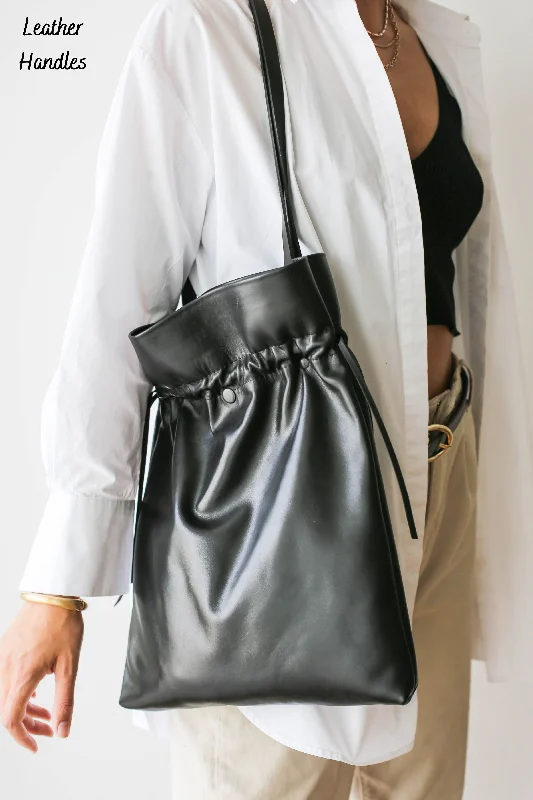 Black Leather Drawstring Bag