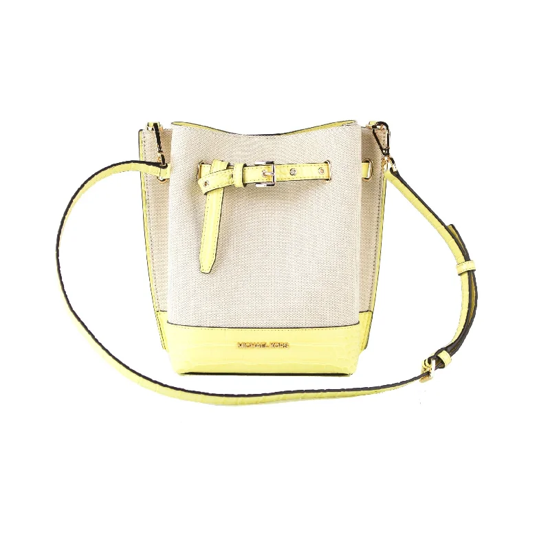 Michael Kors Emilia Small Canvas Snakeskin Print Leather Bucket Bag Messenger Crossbody Handbag (Buttercup)