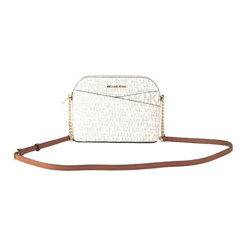 Michael Kors Jet Set Travel Medium Leather X Cross Dome Crossbody Handbag (Vanilla Signature/Gold)