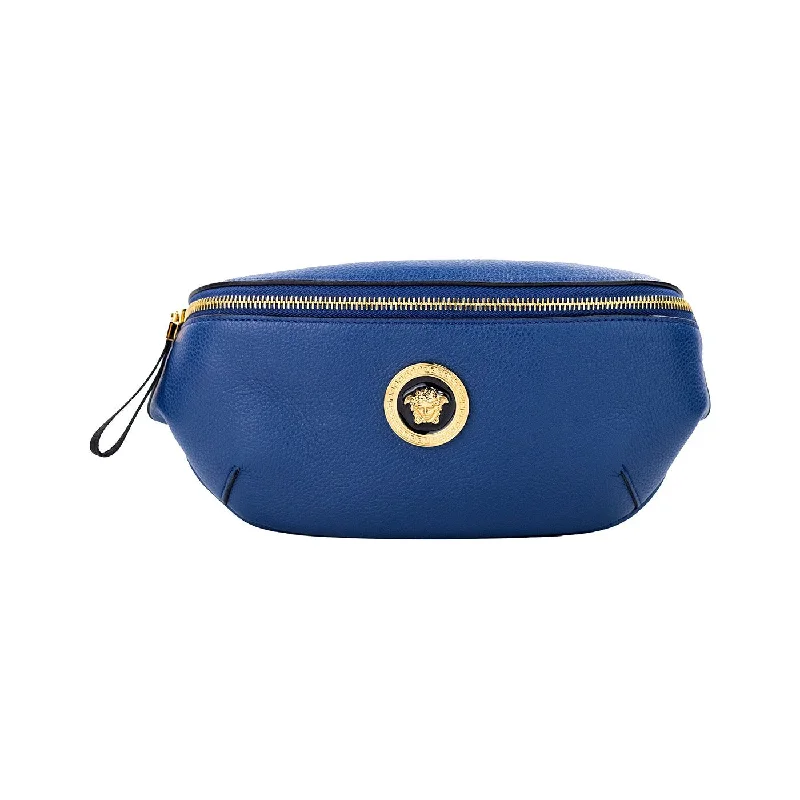 Versace Small Navy Calf Leather Medusa Pendant Fanny Waist Pack Belt Bag